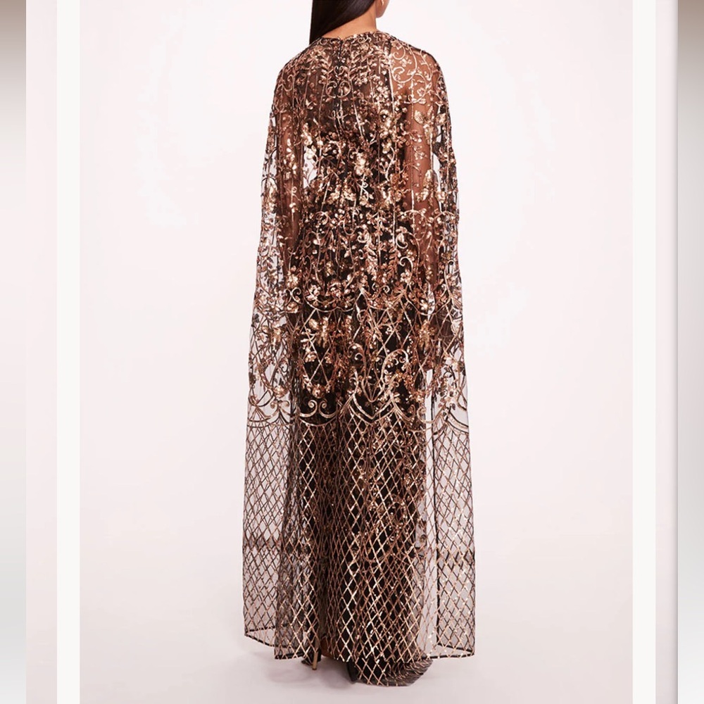 MARCHESA NOTTE**Black Gold Sequin Lattice Cape Gown**US 14 $1095 NWT - Picture 4 of 5